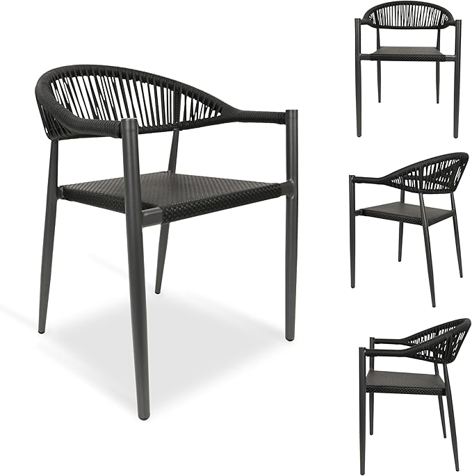 4 Pcs Stackable Patio Dining Chairs, Aluminum Rattan Outdoor Dining Chair with Arms, Woven Rope Garden Armchair Metal No Assembly for Bistro Balcony Porch Deck Yard Cafe Restaurant, Black