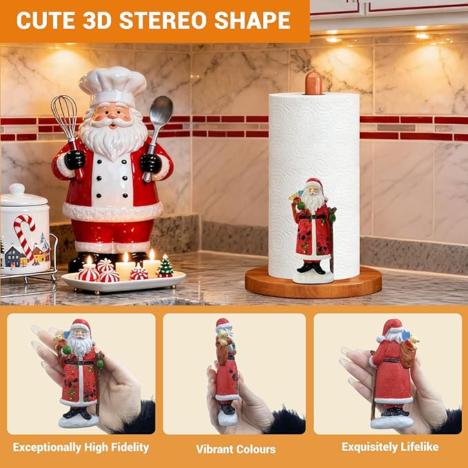 GAJ Christmas Decorations Paper Towel Holder Countertop, 3D Santa Claus Kitchen Counter Decor, Cute Resin Wooden Stand for Bathroom & Home Indoor Table, Winter Xmas Gift for Women, Housewarming Gifts