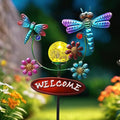 Solar Garden Stakes Metal Welcome Signs for Outside 30.3', 2 Flying Dragonflies with Cracked Glass Ball,Decorative Garden Stakes for Lawn, Patio, Dragonfly Gifts for Women