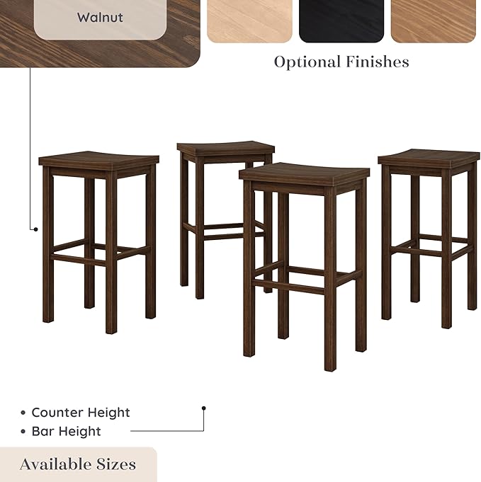 Grain & Grove Smith Collection Set of 4 Solid Wood Bar Stools, 30 inch Saddle-Seat Bar Chairs, Backless, Heavy-Duty Construction, Footrest Support, for Kitchen Islands, Home Bars, and Counters, Walnut