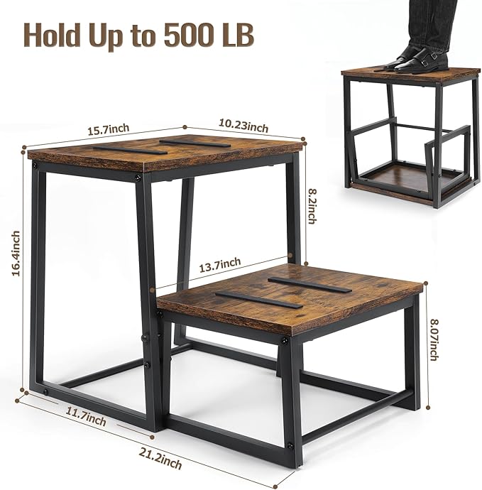 Vrisa Wood Step Stool for Adults Bedside Steps for High Beds Two Step Stools with 550Lbs Load Capacity Heavy Duty RV Stepping Stool for Kitchen Bedroom Living Room, Rustic Brown