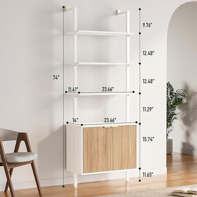 74" Tall Bookshelf with Storage Cabinet, Modern Ladder Shelf with Wood and Metal Frame, Wall Mount Bookcase Open Display Shelf Furniture for Living Room, Bedroom, Home Office, White and Oak