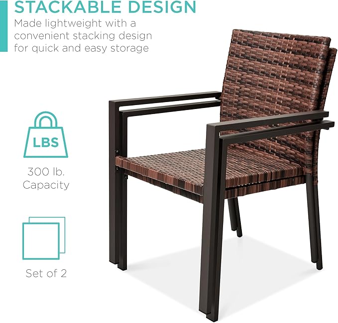 Best Choice Products Set of 2 Stackable Outdoor Wicker Dining Chairs All-Weather Firepit Armchair w/Armrests, Steel Frame for Patio, Deck, Garden, Yard - Light Brown