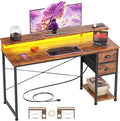 55 Inch Computer Desk with Power Outlets & LED Lights, Home Office Desk with Storage Drawers and Monitor Stand, Writing Work Study Desk for Bedroom Living Room