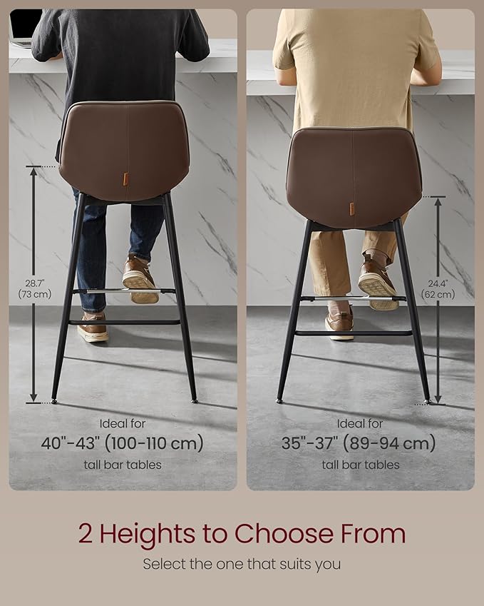 VASAGLE Bar Stools Set of 2, Counter Height Bar Stools with Back, Ergonomic Backrest, Synthetic Leather, Metal Legs, 24.4-Inch Tall Barstools for Kitchen Island Home Bar, Easy Assembly, Chestnut Brown