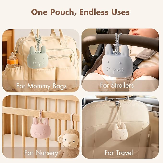 ROCCED Pacifier Holder Case Silicone Bunny Design Pacifiers Pouch with Soft Silicone Strap, Travel Storage for Stroller & Diaper Bag, Pacifier Holder Pouch for Baby, Set of 3 Beige Dusty Green Blue
