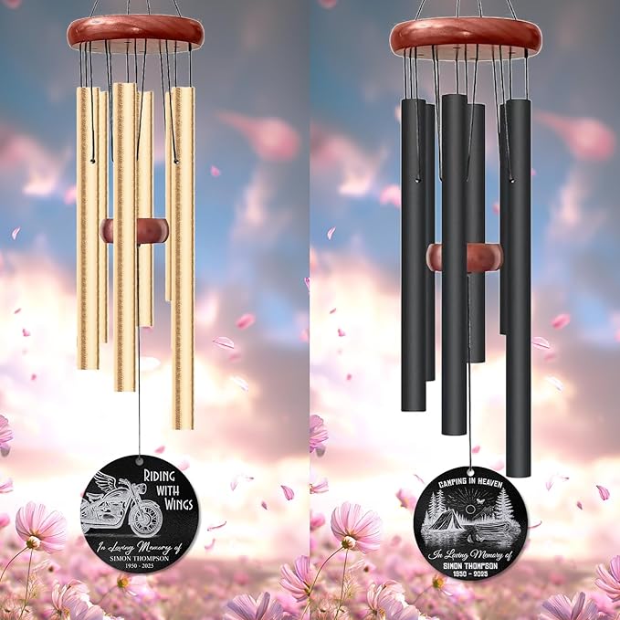 Personalized Camping in Heaven Memorial Wind Chime – Custom Engraved Name & Years – Remembrance Gift for Nature Lovers, Campers – Sympathy Windchime for Loss of Loved One, Garden Memorial Décor