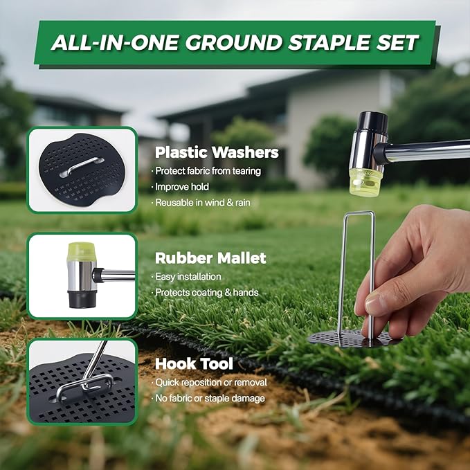 100Pcs Landscape Fabric Stakes 6 Inch + 100Pcs Gaske+Pick Hook+Rubber Mallet, Weed Barrier Stakes 11 Gauge U Shaped Galvanized Landscape Pins Yard Ground Pin for Weed Barrier Sod Fabric Decoration