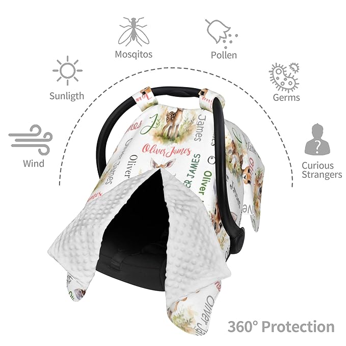 Personalized Baby Car Seat Cover Winter Custom Minky Carseat Cover Boy Girls with Name Deer Carseat Canopy Customized Car Seat Canopy Infant Carrier Covers Nursing Cover Toddler Blanket