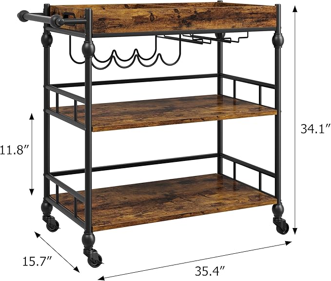Bar Cart, Bar Carts for The Home, 3 Tier Serving Cart with Wheels, Home Bar & Serving Carts, Metal Rolling Cart with Wine Rack & Removable Tray for Kitchen, Dining Room, Living Room-Retro Brown