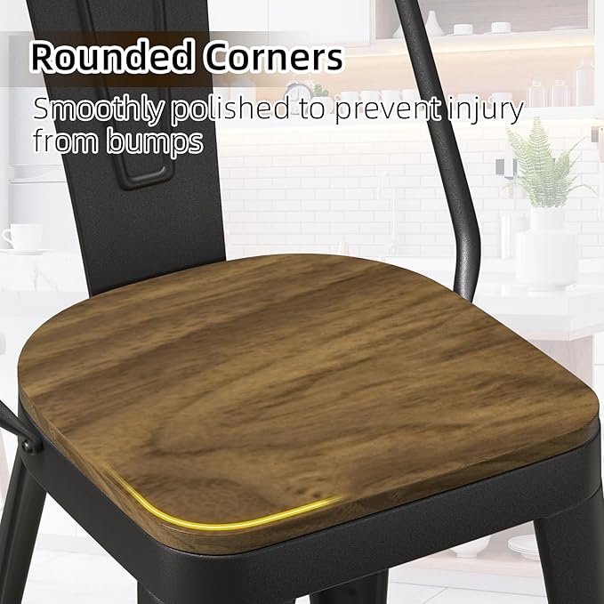 Metal Bar Stools Set of 4, High Back Bar Stools with Wooden Seat, 26 inch Black Barstools for Kitchen Island