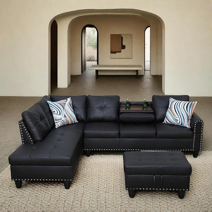 97" L Shaped Sectional Couch with Cup Holder, Modern 4 Seat Modular Sectional Sofa with Storage Ottoman, Living Room Sets for Small Spaces, Apartment, Faux Leather, Black