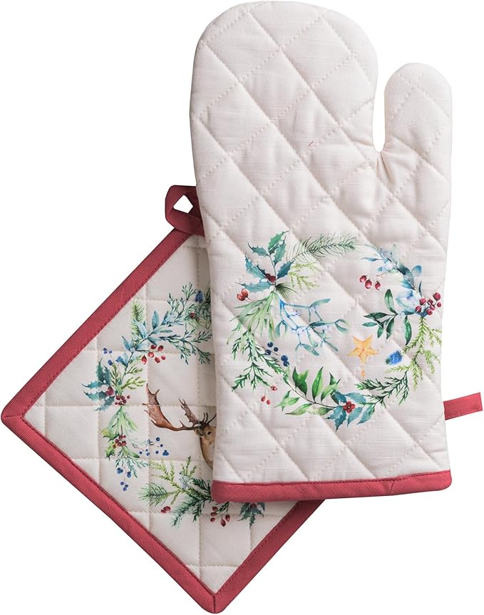 Maison d' Hermine 100% Cotton Oven Mitt & Pot Holder Set (7.5"x13" & 8"x8") Heat Resistant BBQ Cooking Gloves with Loop for Thanksgiving Christmas Decorations Handling Hot Pans (Holly Time)