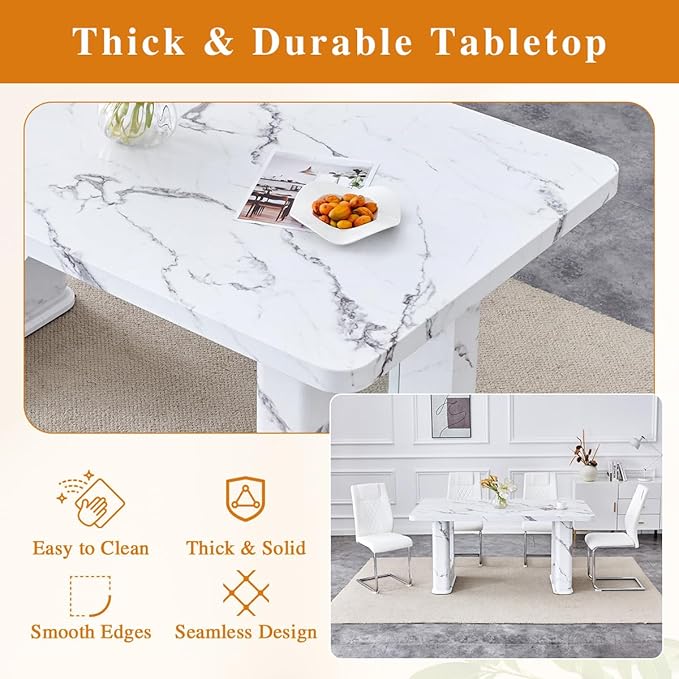 Dining Room Table for 6 - White Faux Marble Dining Table with 1.7-Inch Thick Seamless Tabletop and Dual Pedestal Base,64.5'' Mid Century Modern Dining Table Ideal for Kitchen,Home Office