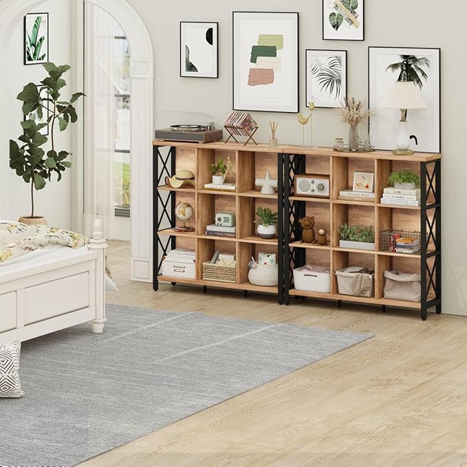 FATORRI 9 Cube Storage Bookshelf, 4 Shelf Book Shelf, Farmhouse Wood and Metal Cubby Bookcase for Home Office Kitchen (39.37 Inch W, Rustic Oak)