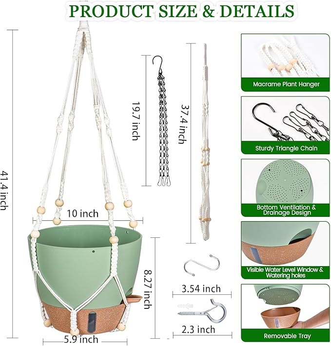 10 Inch Hanging Planters for Indoor Plants, 2 Pack Self Watering Hanging Baskets Flower Pots with Drainage Hole, Visual Reservoir & 2 Kinds of Plant Hanger for Outdoor Garden Home Decor