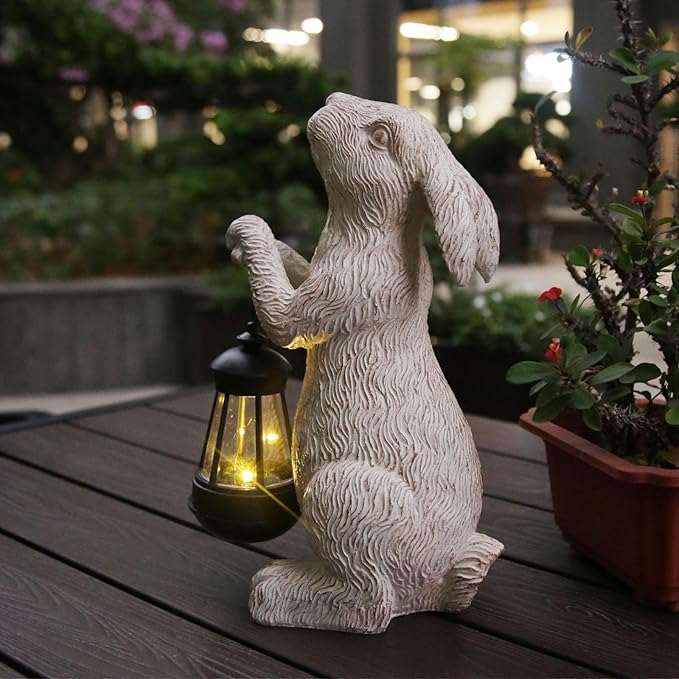 Garden Statues Rabbit with Solar Lights- Bunny Figurine Outdoor Rabbit Fall Decor for Home Lawn,Balcony-Yard Art Garden&Patio Whimsical Decor,Unique Housewarming&Birthday Gifts for Women Mom