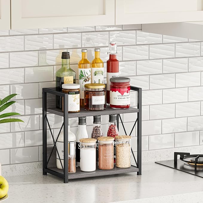 Giikin Countertop Shelf Organizer, 2 Tier Coffee Organizer for Desktop, Grey Counter Shelf Spice Rack for Kitchen (Grey, M)