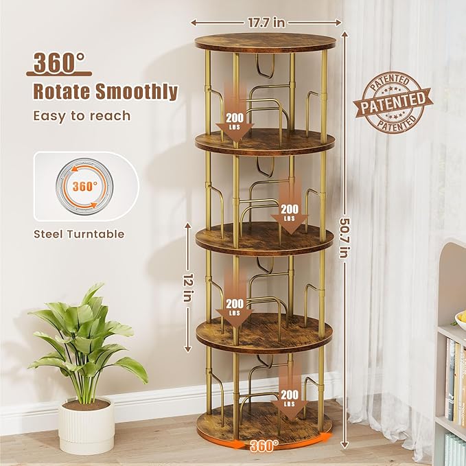Rotating Bookshelf, 4 Tier Spinning Bookshelf Tower, 360° Display Unique Round Bookcase, Floor Standing Corner Revolving Bookshelf Storage Organizer for Small Spaces, Home Study Office, Gold