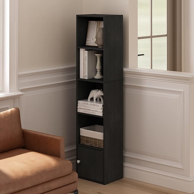 Furinno Luder Shelf Bookcase with 1 Door Storage Cabinet, Blackwood
