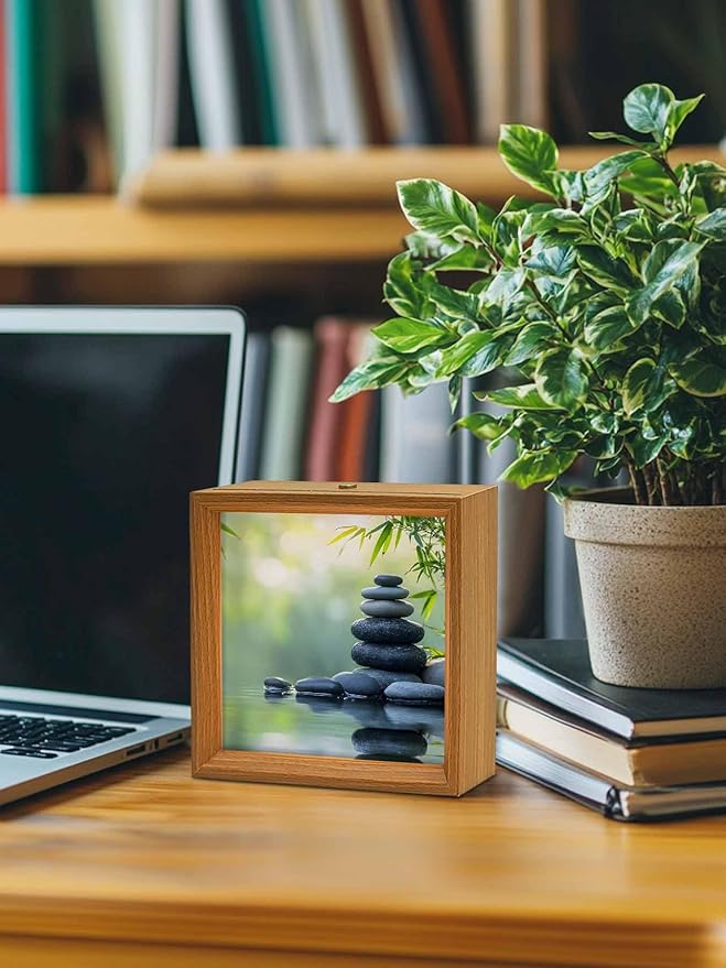 Wood Night Light Box 6.5x6.5in,Zen Meditation Stone Lake Table Lights Wooden Picture Frame with USB Rechargeable Touch LED Lights for Home Decor Desktop Display,Nature Landscape Still Life