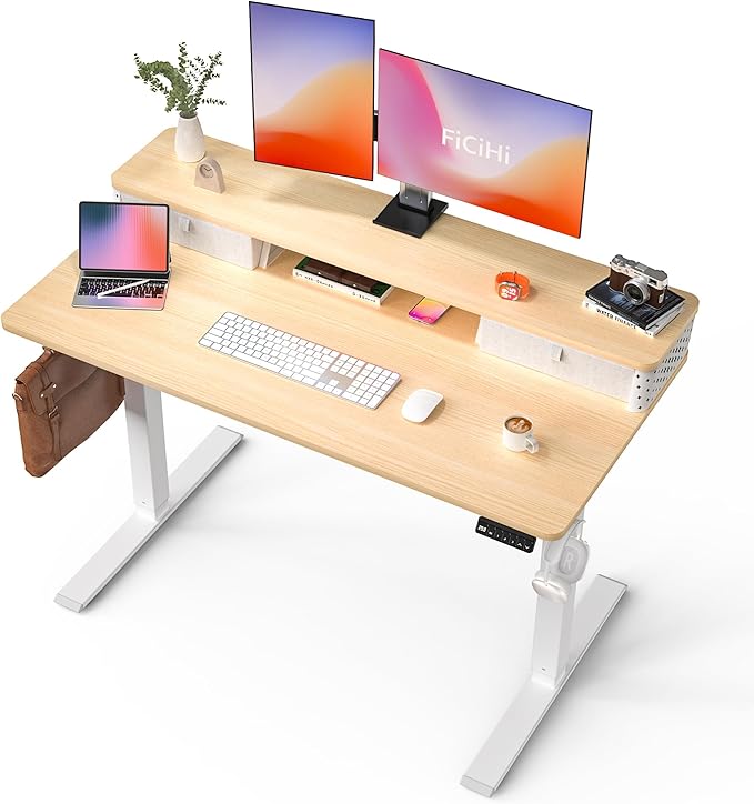 55x24 Inch Standing Desk with Double Drawers, C-Clamp Mount Compatible, Electric Adjustable Height Computer Stand Up Desks, Home Office Sit Stand Table with 3 Preset Heights & 2 Hooks, Natural