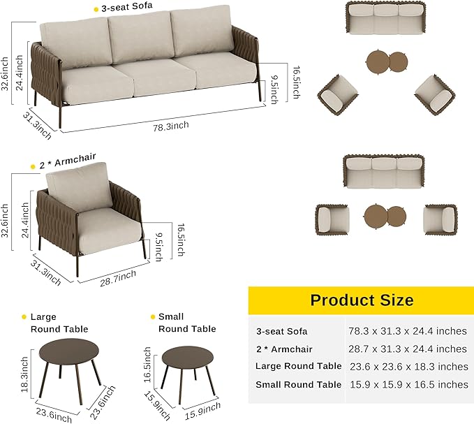 EAST OAK Life Chatter Patio Furniture Set 5 Pieces, Outdoor Furniture 5-Seat Sofa with Two Round Coffee Table, Waterproof Thick Cushion Deep Seating for Porch, Balcony, Chestnut Brown & Creamy Apricot