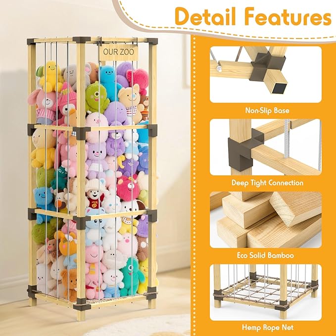200L Stuffed Animal Zoo Storage, 3-Tier Extra Large Stuffed Animal Holder, Solid Bamboo Plushies Storage Tower with Mesh Pocket and Elastic Cords, Space Saver for Nursery Playroom Bedroom