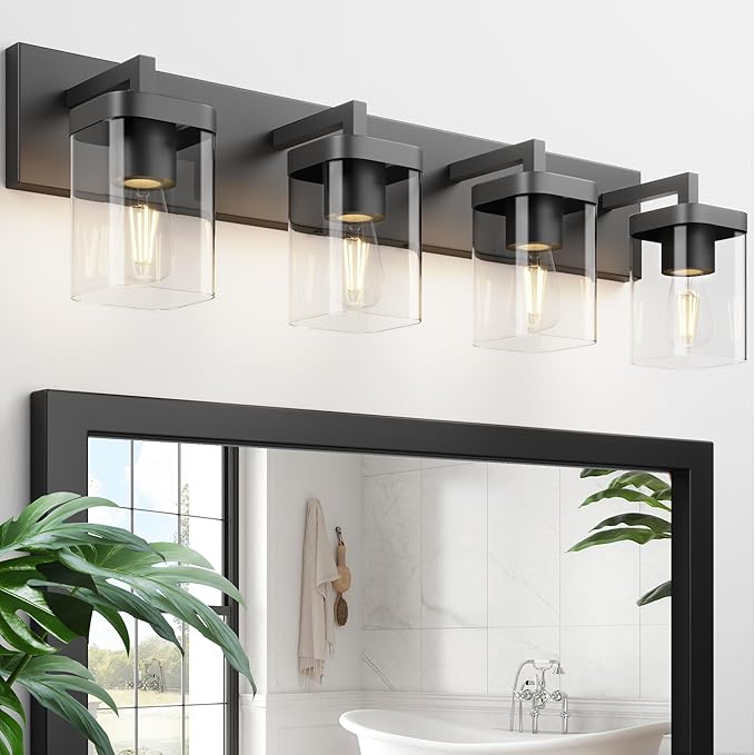 Bathroom Vanity Light, Square Design 4 Lights Morden Bathroom Lighting Fixtures Over Mirror, Black Bathroom Light Vanity Fixtures for Bathroom/Living Room/Bedroom
