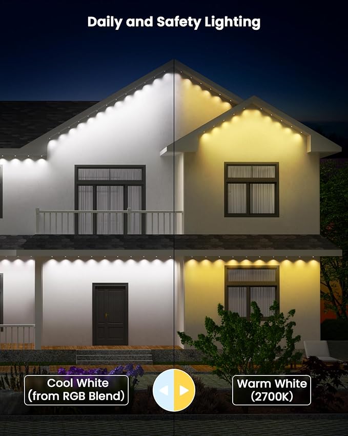 Gefolly Permanent Outdoor Lights Pro, 100ft with 60 RGBW Double-LED Lights 111 Scene Modes for Daily, Halloween, Christmas, IP67 Waterproof for Outdoor Decor, Works with Alexa, Google Assistant, White