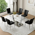 Glass Dining Table Set for 6,Dining Room Table Set for 6,Kitchen Table Set with 6 PU Leather Chairs,63'' Glass Dining Table Set with Silver U-Shaped Table Legs and Rectangular Base