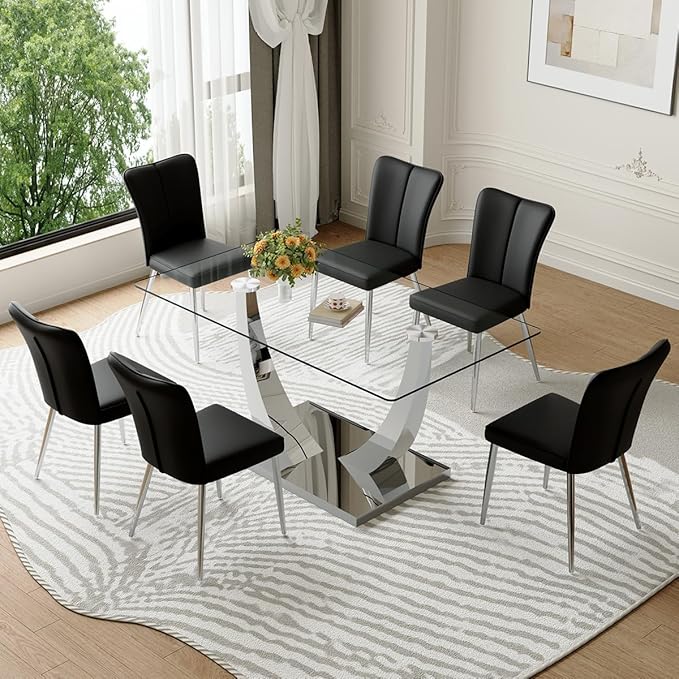 Glass Dining Table Set for 6,Dining Room Table Set for 6,Kitchen Table Set with 6 PU Leather Chairs,63'' Glass Dining Table Set with Silver U-Shaped Table Legs and Rectangular Base