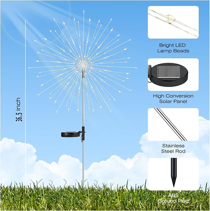 2 Pack 250LED Solar Garden Lights Outdoor, Dual Lighting Modes Firework Lights Solar Powered, Waterproof Twinkle Fairy Light Outside for Yard Patio Pathway Christmas Party Decorative（Warm White）