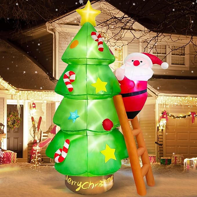 7 FT Tall Large Christmas Inflatables Santa Claus Tree Outdoor Decorations, Build-in LEDs Funny Xmas Blow Ups Yard Decoration for Winter Holiday Outside Garden Lawn Patio Indoor Party Inflated Decor