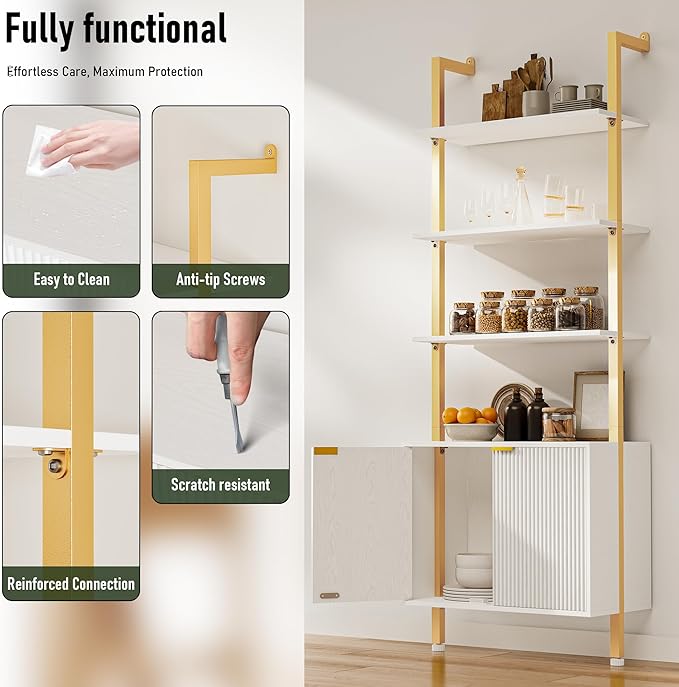 74" Tall Bookshelf with Storage Cabinet, Modern Ladder Shelf with Wood and Metal Frame, Wall Mount Bookcase Open Display Shelf Furniture for Living Room, Bedroom, Home Office, Gold