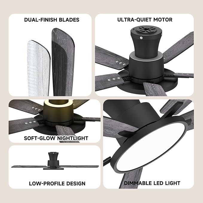 Ceiling Fans with Lights,52 inch,Nightlight,Quiet,Reversible Motor,6 Speeds,Timer, Low Profile Ceiling Fan for Bedroom,Living Room,Indoor/Outdoor Use(Gray)
