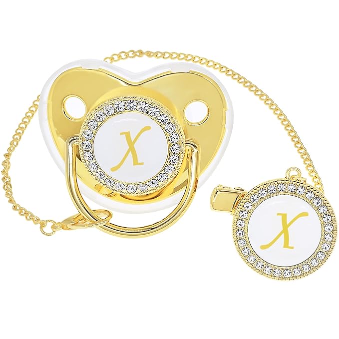Bling Personalized Golden Baby Pacifier with Pacifier Clips and Anti-dust Cover A-Z 26 Letters(Gold,X)