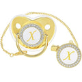 Bling Personalized Golden Baby Pacifier with Pacifier Clips and Anti-dust Cover A-Z 26 Letters(Gold,X)