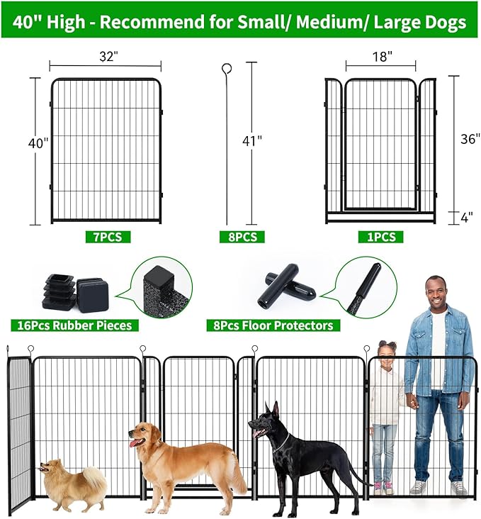 Dog Playpen Outdoor Extra Wide 8 Piece Panels Heavy Duty Dog Fence 40" Height Anti-Rust with Doors Portable for RV Camping Yard, Total 21FT, 35 Sq.ft, Snowy Black