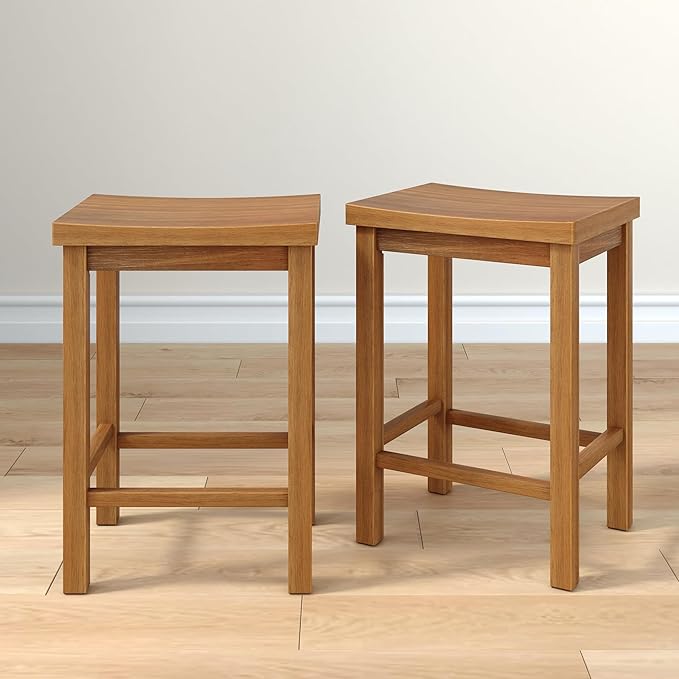 Grain & Grove Smith Collection Set of 2 Solid Wood Counter Height Bar Stools, 24-Inch Saddle Seat Backless Stools, Ideal for Kitchen Island, Dining, or Home Bar Seating, Pecan