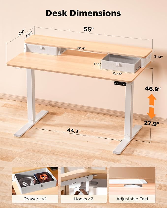 55x24 Inch Standing Desk with Double Drawers, C-Clamp Mount Compatible, Electric Adjustable Height Computer Stand Up Desks, Home Office Sit Stand Table with 3 Preset Heights & 2 Hooks, Natural