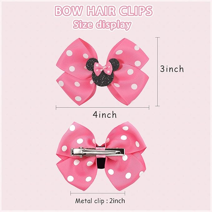 Ayesha Mouse Ears Hair Clips, 4PCS Grosgrain Ribbon Mouse Bow Hair Clips, Polka Dot Bows for Girls, Hair Accessories for Baby Girls, Toddler Kids, Costume Party, Daily Use