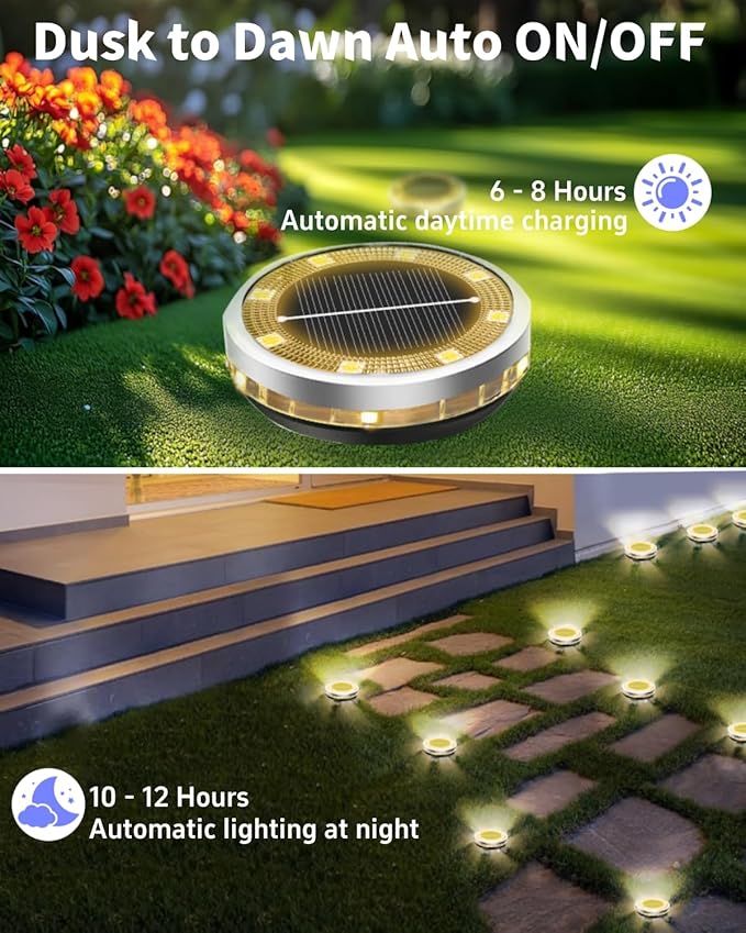 Solar Ground Lights Outdoor 2 Pack Waterproof, Upgraded Solar Garden Lights with 4 Side Light, Stainless Steel Solar Powered Disc Landscape Light for Walkway Pathway Lawn Yard Patio Deck-Warm White