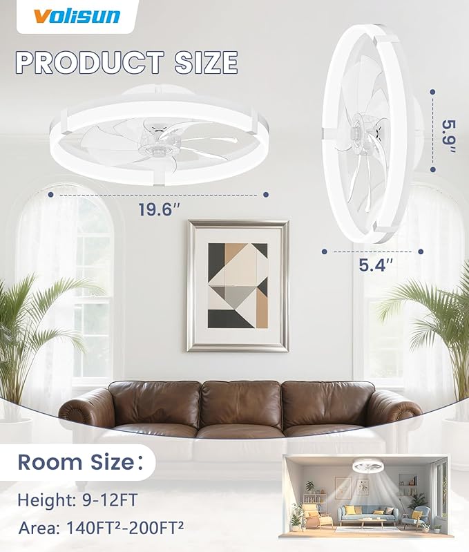 VOLISUN Low Profile Ceiling Fans with Lights and Remote, 19.7in Flush Mount Ceiling Fans with Light, 3000K-6500K Dimmable Fandelier Ceiling Fan, Bladeless Ceiling Fan for Bedroom(White)