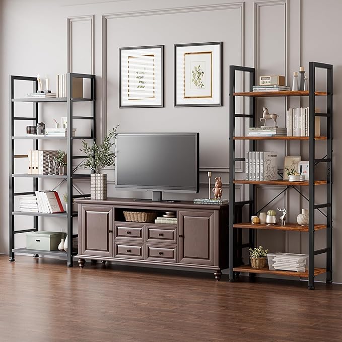 DUMOS 5-Tier Book Shelf Tall Modern Bookcase Set of 2 for Books, CDs, Movies, Storage and Organization Bookshelf Industrial Home Decor for Bedroom Office Kitchen Living Room, Black & Brown