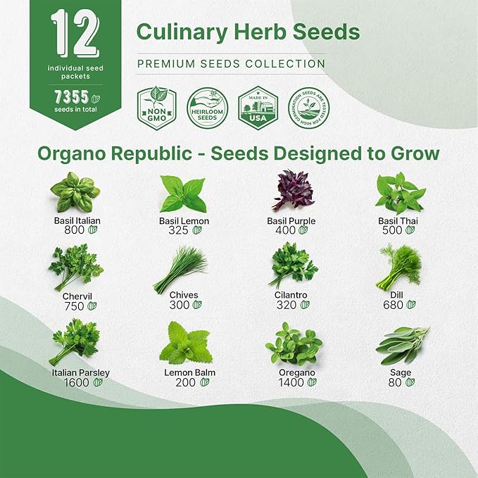 Organo Republic 12 Culinary Herbs Seeds Variety Pack - 7,355+ Heirloom, Non-GMO, Herbs Seeds for Outdoor and Indoor Home Gardening, Including Basil, Cilantro, Chives, Dill, Parsley, Sage
