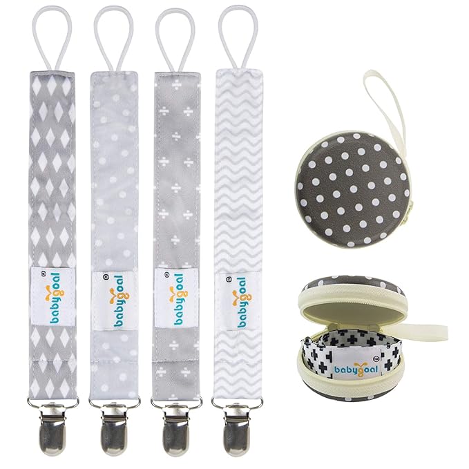 babygoal Baby Pacifier Clips with Pacifier Case, 4 Pack Pacifer Holder for Girls and Boys Fits for Pacifiers and Binkies 4MP07-HZ