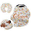 Personalised Car Seat Cover for Babies - Multi-use Carseat Canopy Cover with Name, Car Seat Covers, Christmas Birthday Gifts for Infant Boys and Girls Orange Flower Pattern