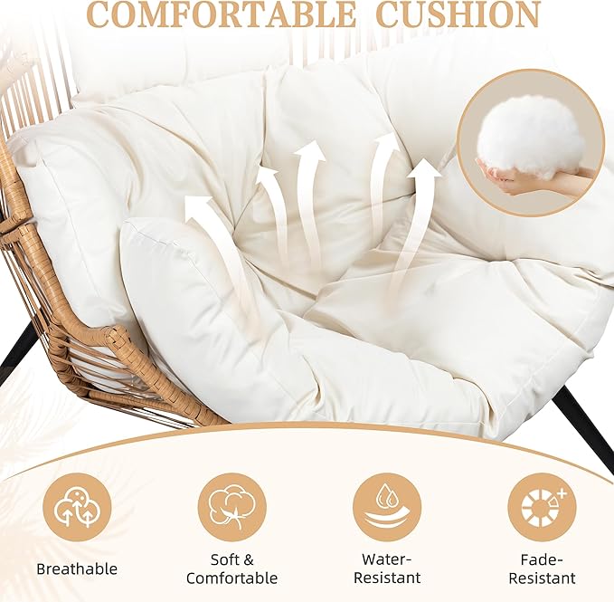 Vongrasig Wicker Egg Chair PE Rattan Chair with Cushion, Oversized Patio Lounge Chair for Outdoor, Indoor, Balcony, Backyard, Garden, Living Room, Beige