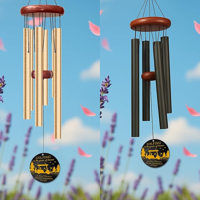 Personalized Golf Memorial Wind Chime – “Golfing on The Greens of Heaven” Custom Name, Years – Sympathy Gift for Loss of Loved One – Remembrance Windchime for Golfers & Bereavement Tribute Décor